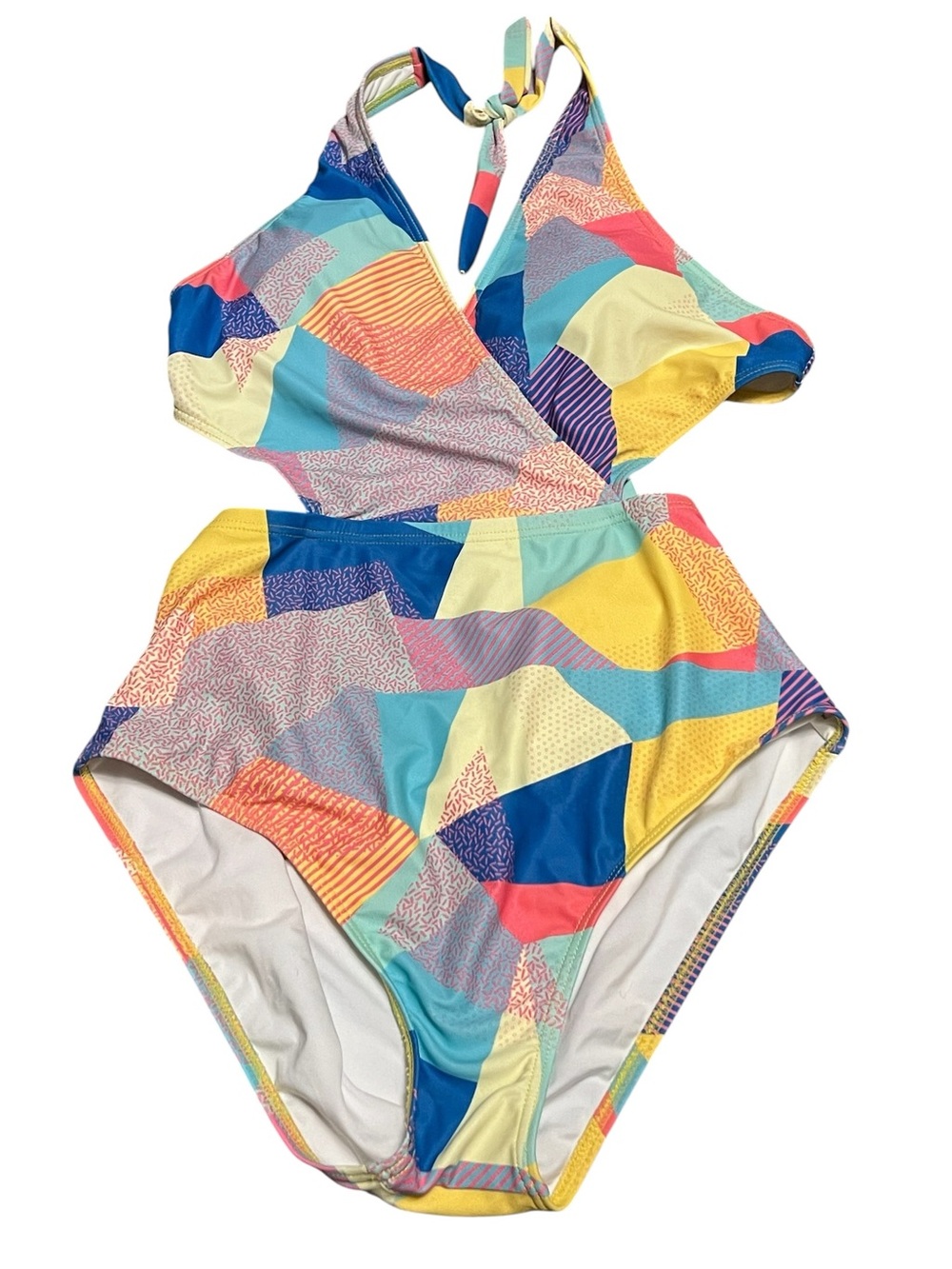 Zeraca mulitcolor patchwork halter neck cutout one piece swim suit